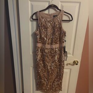 Adrianna Papell Rose Gold Sequin Midi Sheath Dress